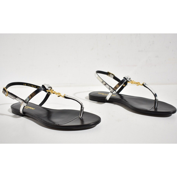 Saint Laurent YSL Logo Cassandra Iota 05 Silver Black Thong Slide Flat Sandal 38 - Picture 4 of 12